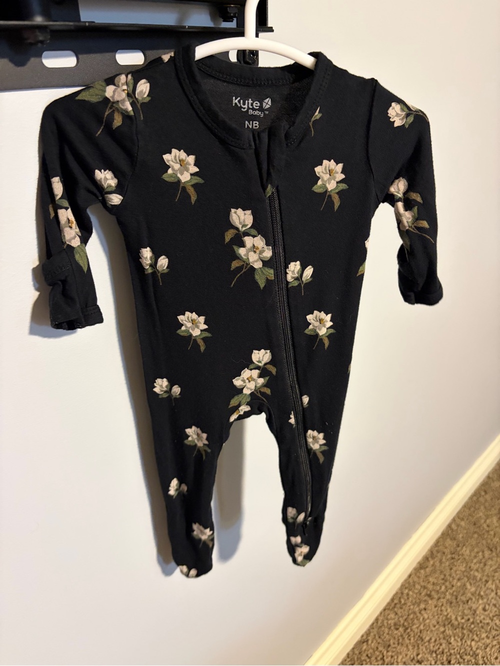 Kyte BABY Black Floral Zip Footed One-Piece
